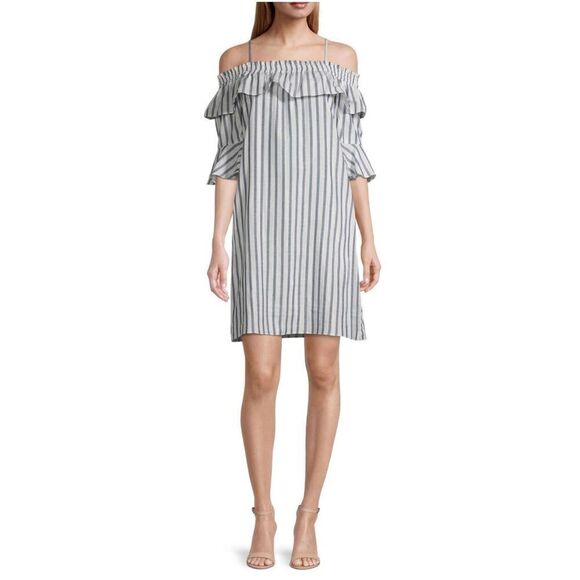 ViVi by Violet Weekend Striped 3/4 Ruffle Sleeve Cold Shoulder Shift Dress M NWT - Picture 1 of 15